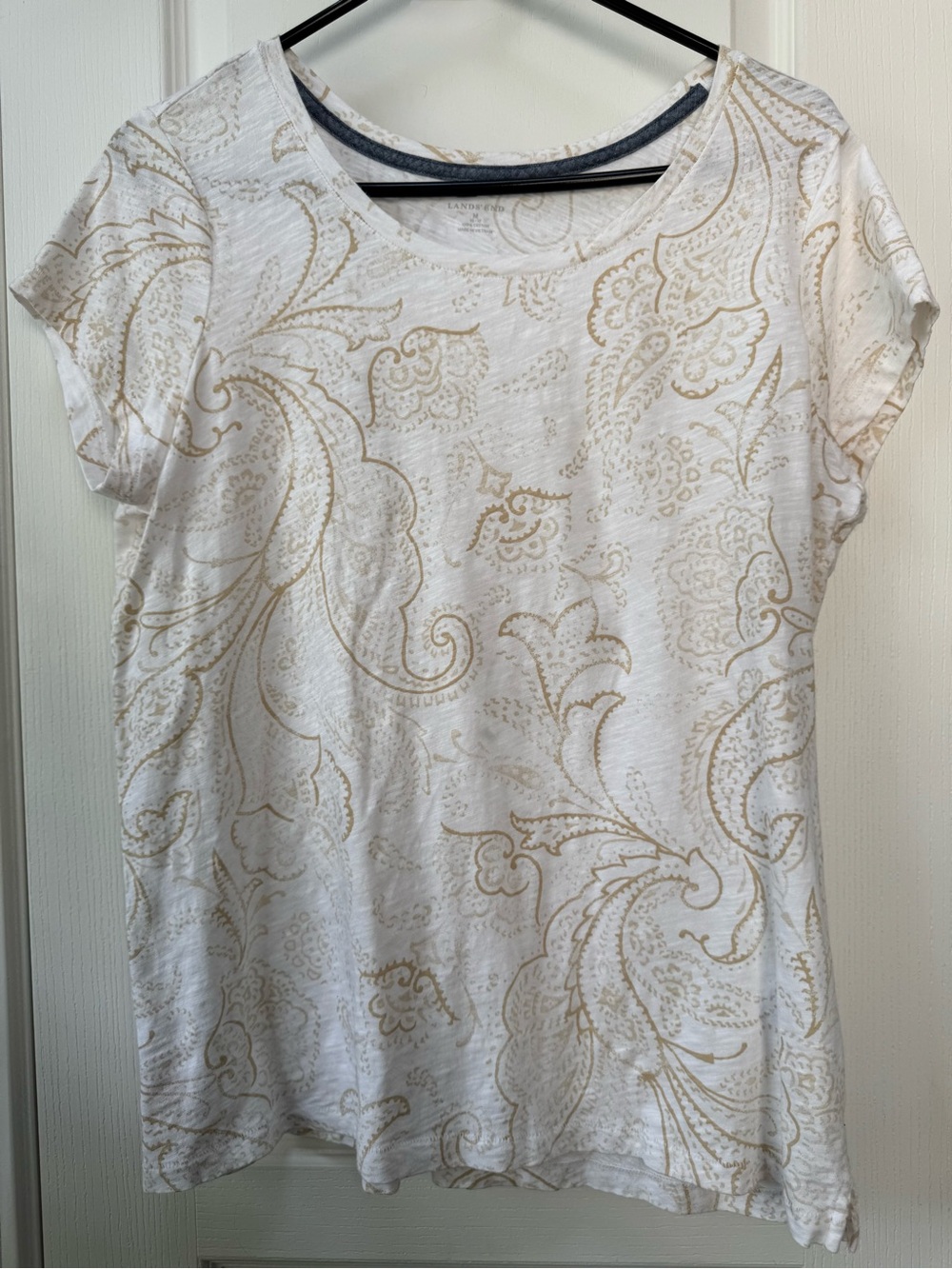 Lands' End White Short Sleeve Tee with Gold Paisley Print